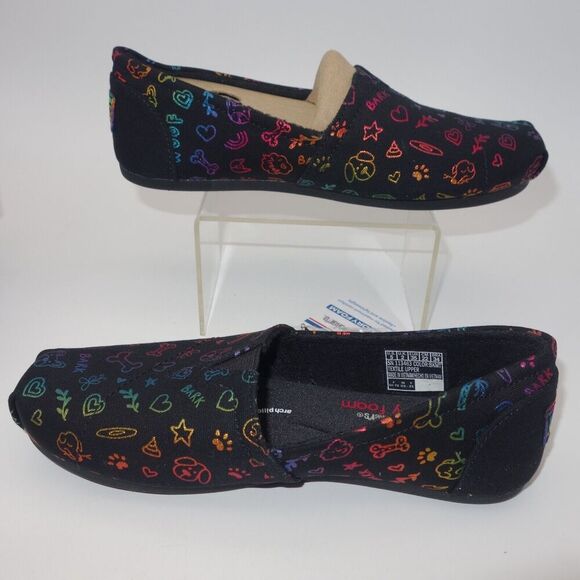 New Skechers BOBS Bone & Collar Black Dog Print Plush Slip On Shoe Women's 5 - Picture 2 of 5